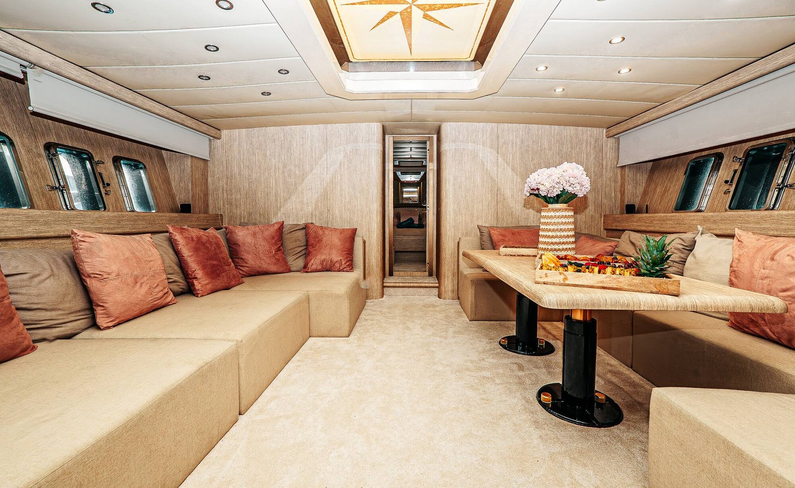 Interior salon and dining aboard Happy Hour Mangusta 80